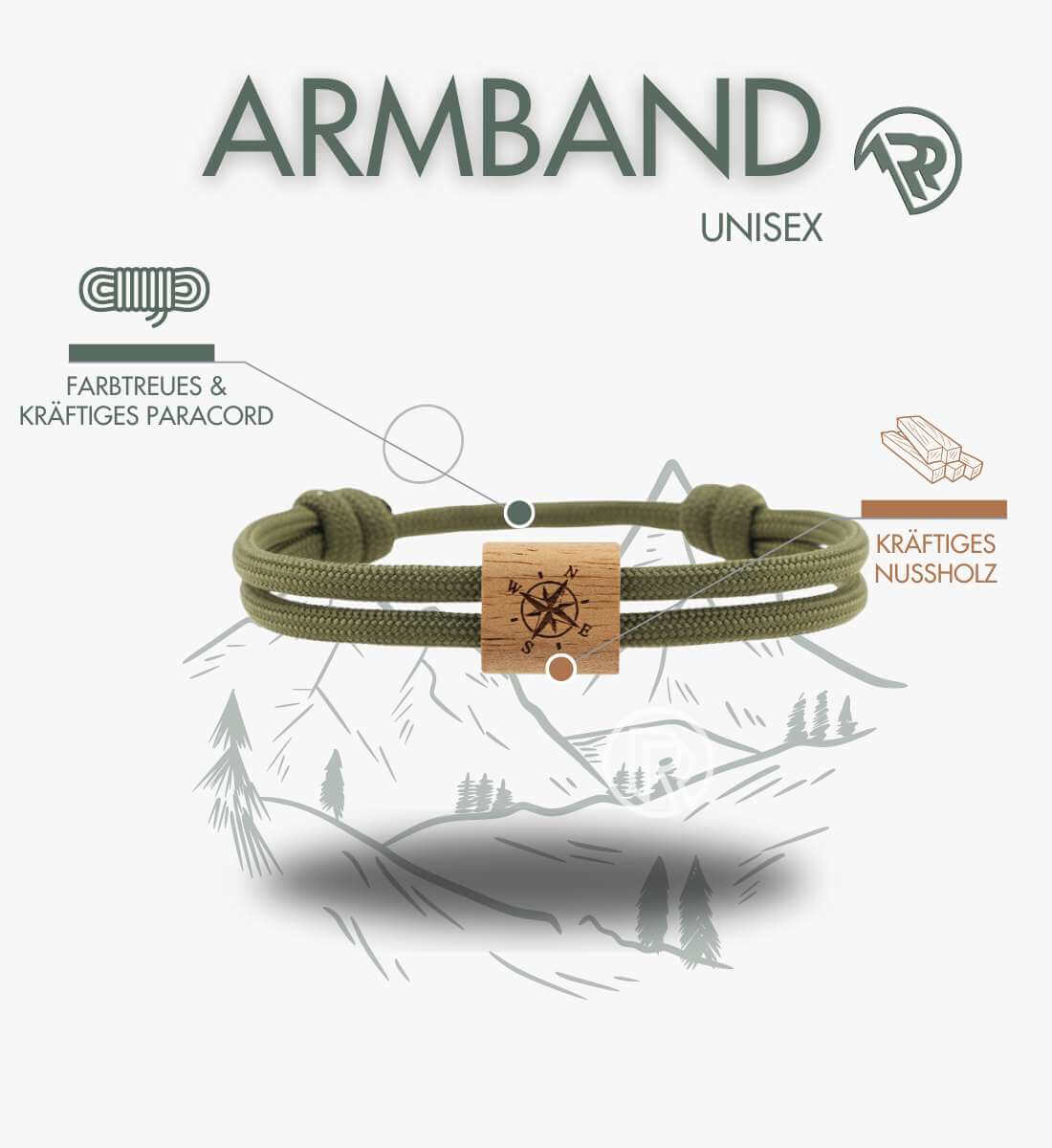 Windrose | Nussholz Paracord Armband | Größe: 16-20 cm | Rad&Rucksack