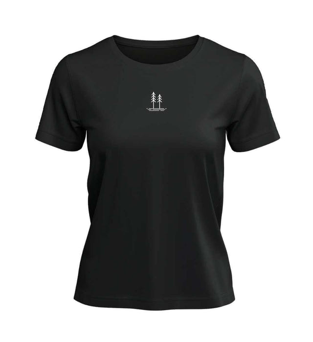 Bäume T-Shirt Damen Schwarz – Produktbild (100% Bio-Baumwolle mit Stick) von Rad&Rucksack