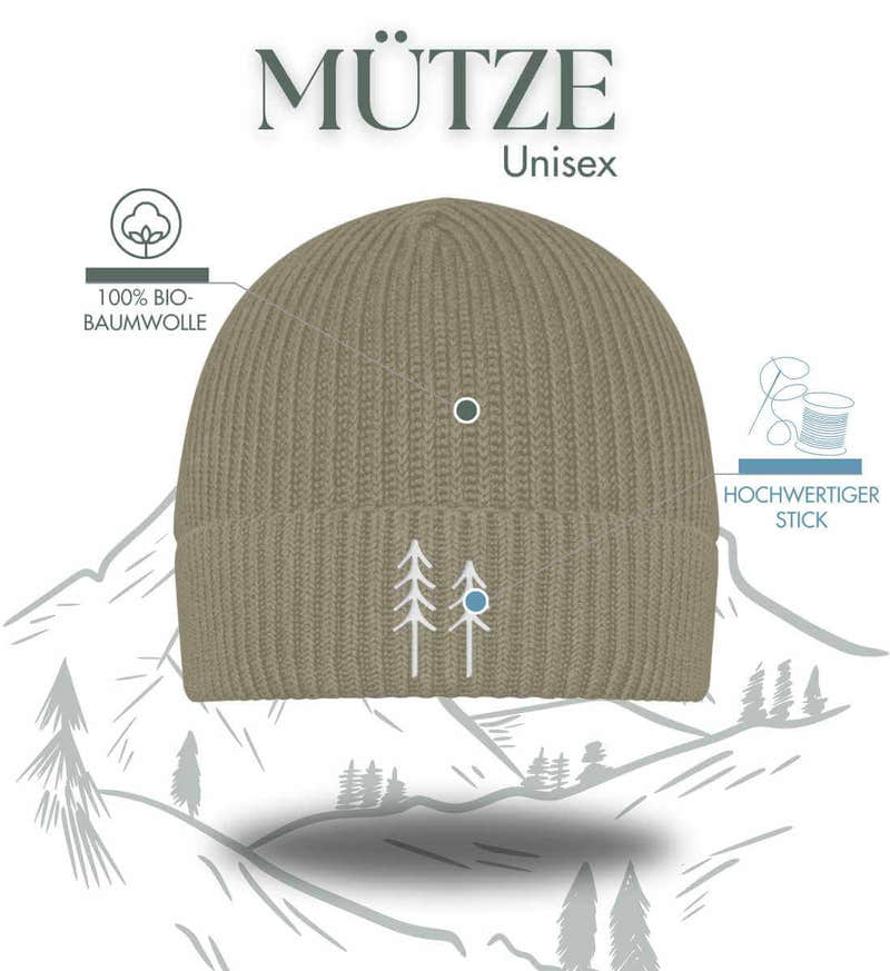 Bäume Beanie mit Stick – Modelbild (95% Bio-Baumwolle, zweilagig mit Stick) von Rad&Rucksack