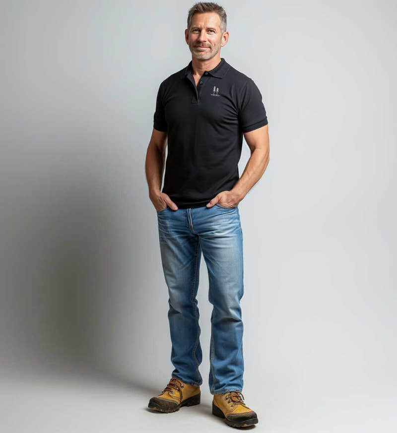 Bäume Stick Poloshirt Bestickt – Modelbild (240 g/m² Bio-Piqué mit Stick) von Rad&Rucksack