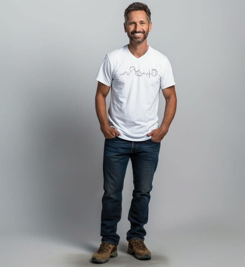 Berg Herzschlag Bier | Herren V-Neck Premium Organic T-Shirt von Rad&Rucksack - am Model präsentiert