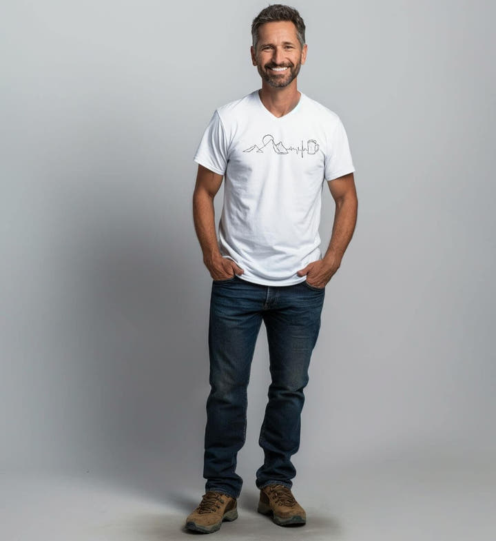 Berg Herzschlag Bier Bio V-Neck T-Shirt Herren – Modelbild (100% Bio-Baumwolle) von Rad&Rucksack