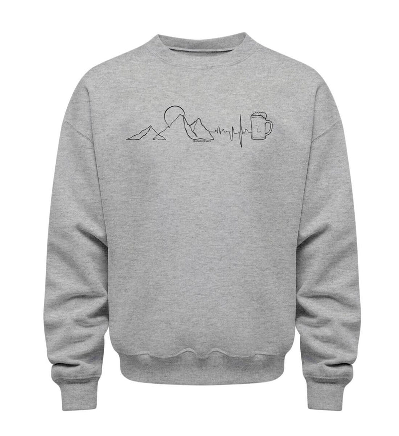 Berg Herzschlag Bier Pullover in Grau-Melange (Heather Grey) – Produktbild (350 g/m² Bio-Baumwolle) von Rad&Rucksack