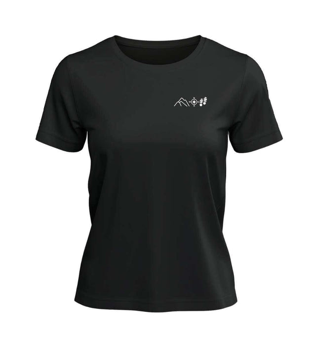 Berg Kompass Wandern T-Shirt Damen Schwarz – Produktbild (100% Bio-Baumwolle mit Stick) von Rad&Rucksack