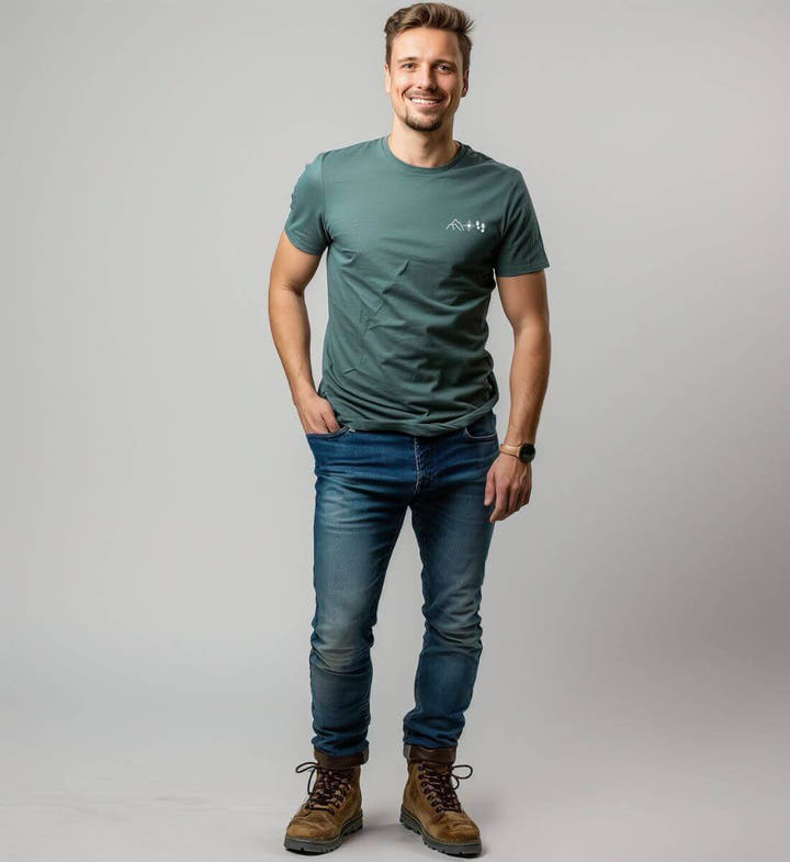 Berg Kompass Wandern T-Shirt Herren – Modelbild (100% Bio-Baumwolle mit Stick) von Rad&Rucksack