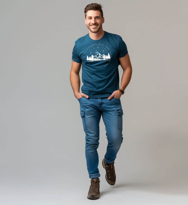 Berg Nacht Bio T-Shirt Herren – Modelbild (100% Bio-Baumwolle) von Rad&Rucksack