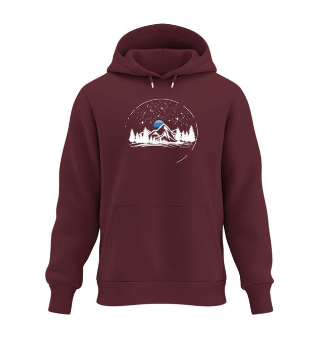 Warmer Hüttentour Hoodie Berg Nacht in Weinrot (Burgundy) – Produktbild (350 g/m² Bio-Baumwolle) von Rad&Rucksack