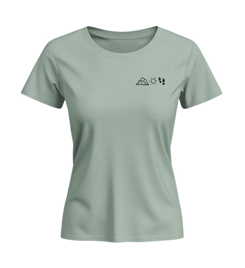 Berg Sonne Wandern T-Shirt Damen Tailliert in Salbeigrün (Aloe) – Produktbild (155 g/m² Bio-Baumwolle, tailliert) von Rad&Rucksack