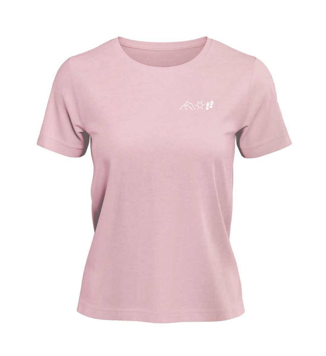 Berg Sonne Wandern T-Shirt Damen Zartrosa (Cotton Pink) – Produktbild (100% Bio-Baumwolle mit Stick) von Rad&Rucksack
