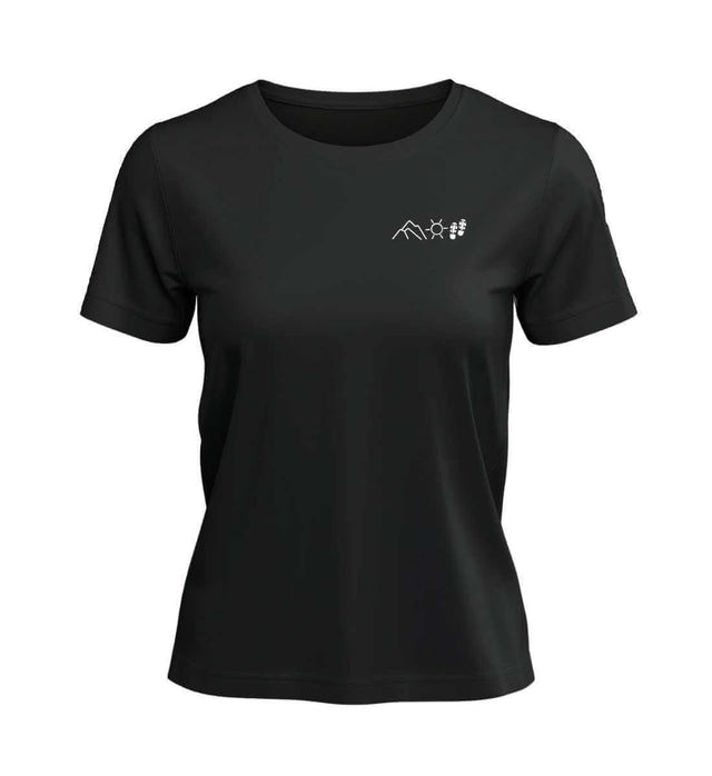 Berg Sonne Wandern T-Shirt Damen Schwarz – Produktbild (100% Bio-Baumwolle mit Stick) von Rad&Rucksack