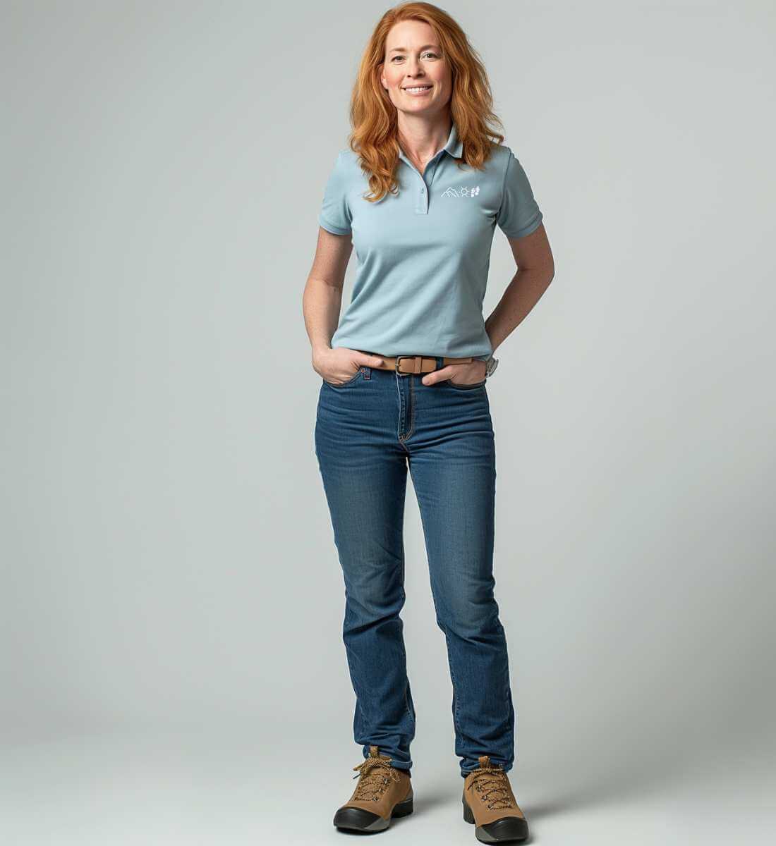 Berg Sonne Wandern Stick | Damen Premium Organic Poloshirt von Rad&Rucksack - am Model präsentiert