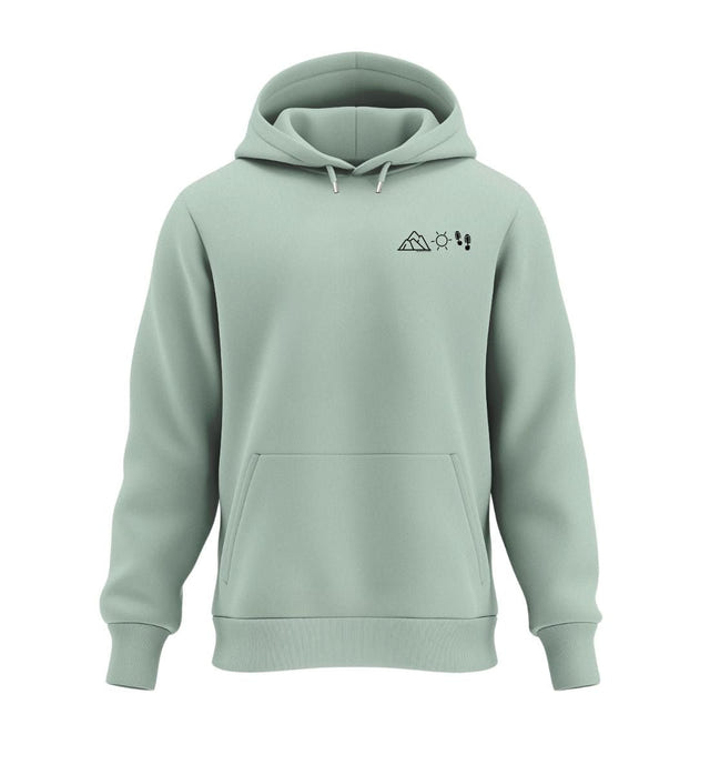 Berg Sonne Wandern Hoodie in Salbeigrün (Aloe) – Produktbild (350 g/m² Bio-Baumwolle) von Rad&Rucksack