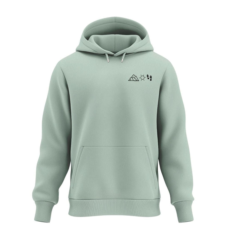Berg Sonne Wandern Hoodie in Salbeigrün (Aloe) – Produktbild (350 g/m² Bio-Baumwolle) von Rad&Rucksack