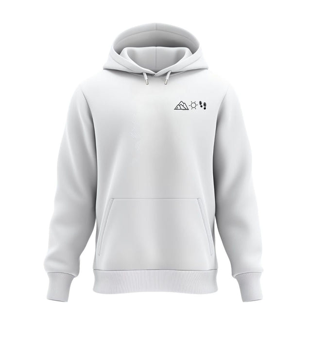 Berg Sonne Wandern Kapuzenpullover in Weiß (White) – Produktbild (350 g/m² Bio-Baumwolle) von Rad&Rucksack