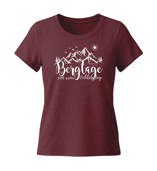 Outdoor T-Shirt Berg-Tage Damen Tailliert in Weinrot (Burgundy) – Produktbild (155 g/m² Bio-Baumwolle, tailliert) von Rad&Rucksack