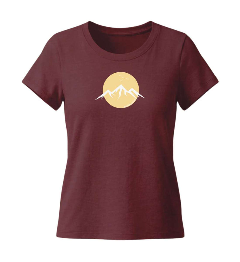 Berg Vogel T-Shirt Damen Tailliert in Weinrot (Burgundy) – Produktbild (155 g/m² Bio-Baumwolle, tailliert) von Rad&Rucksack