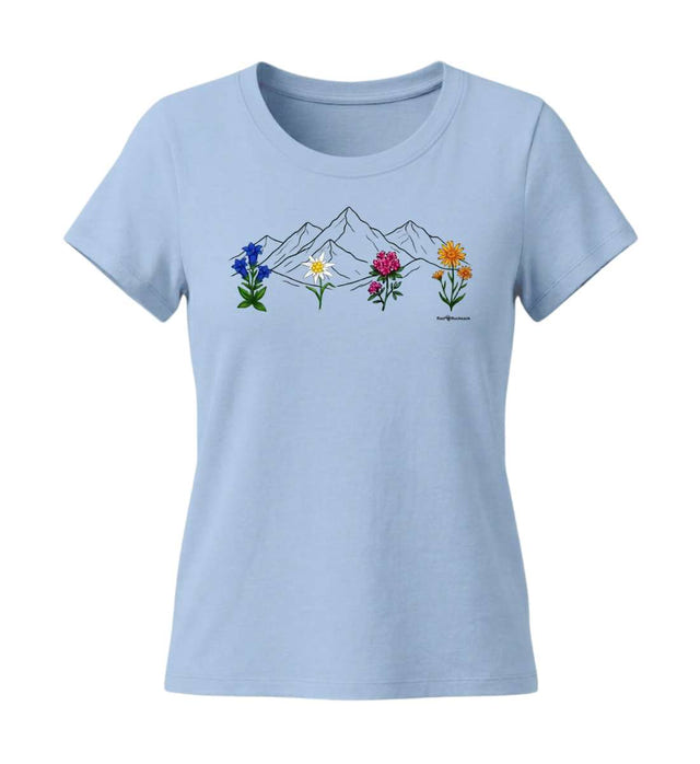 Berge Blumen T-Shirt Damen Tailliert in Mittelblau (Blue Soul) – Produktbild (155 g/m² Bio-Baumwolle, tailliert) von Rad&Rucksack