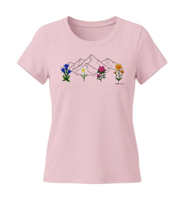 Berge Blumen T-Shirt Damen Zartrosa (Cotton Pink) – Produktbild (155 g/m² Bio-Baumwolle, tailliert) von Rad&Rucksack