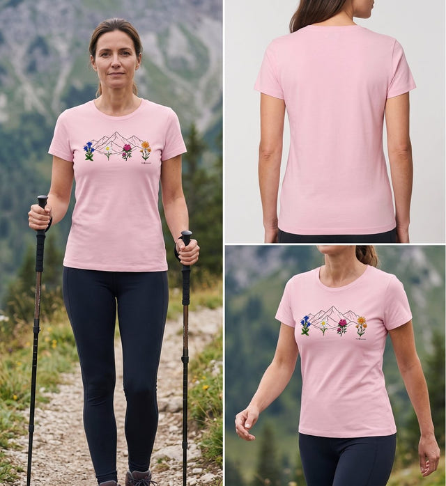 Geschenk Wanderin Berge Blumen Tailliert – Modelbild (155 g/m² Bio-Baumwolle, tailliert) von Rad&Rucksack