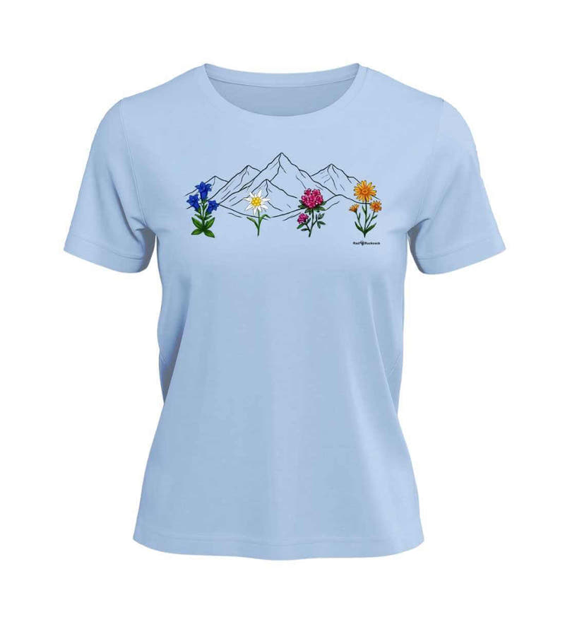 Berge Blumen | Damen Premium Organic T-Shirt in Blue Soul von Rad&Rucksack