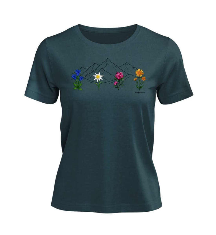 Berge Blumen T-Shirt Damen Blaugrün (Stargazer) – Produktbild (100% Bio-Baumwolle) von Rad&Rucksack