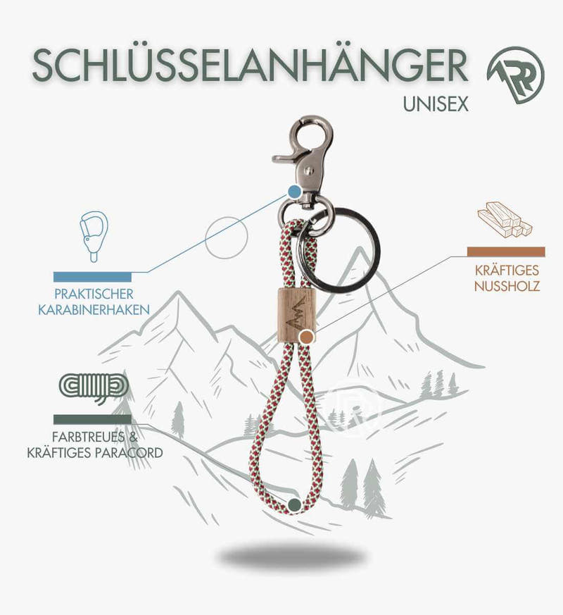 Berge | Nussholz Paracord Schlüsselanhänger von Rad&Rucksack - am Model präsentiert