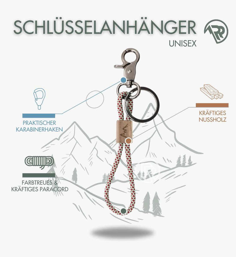 Berge | Nussholz Paracord Schlüsselanhänger von Rad&Rucksack - am Model präsentiert