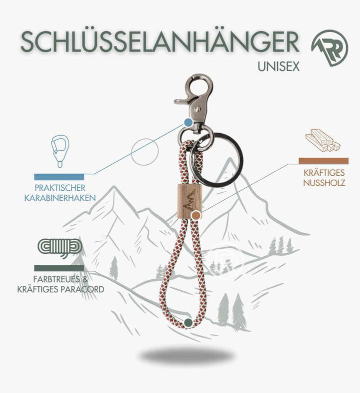Paracord Schlüsselanhänger Berge – Lifestyle-Aufnahme (FSC-Walnussholz & Paracord) von Rad&Rucksack