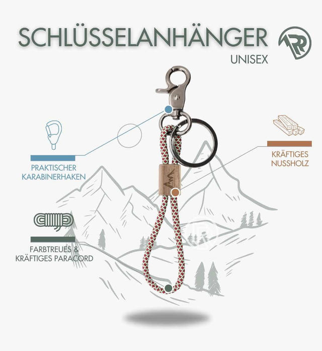 Paracord Schlüsselanhänger Berge – Lifestyle-Aufnahme (FSC-Walnussholz & Paracord) von Rad&Rucksack
