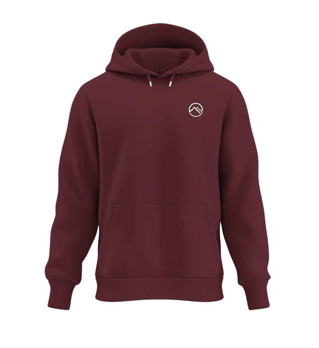 Warmer Hüttentour Hoodie Berge in Weinrot (Burgundy) – Produktbild (350 g/m² Bio-Baumwolle) von Rad&Rucksack