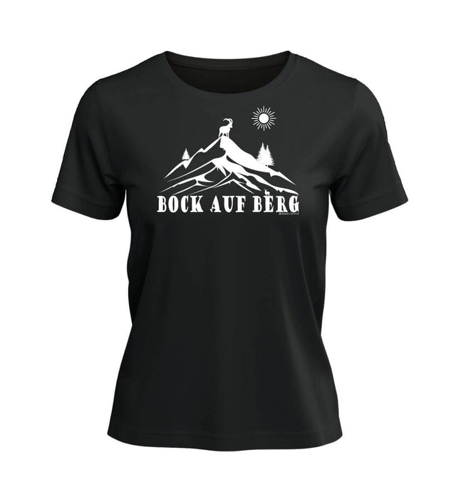 Outdoor T-Shirt Bock auf Berg Damen in Schwarz – Produktbild (100% Bio-Baumwolle) von Rad&Rucksack