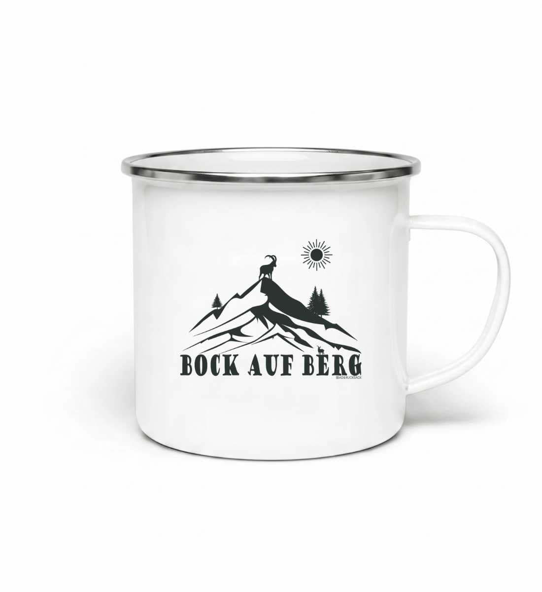 Bock auf Berg | Emaille Tasse von Rad&Rucksack - am Model präsentiert