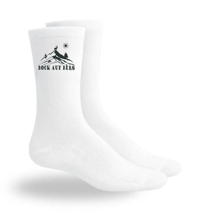 Lustige Wandersocken „Bock auf Berg“ in Weiß (White) – Motiv- & Print-Ansicht (atmungsaktives Mesh-Fußbett) von Rad&Rucksack