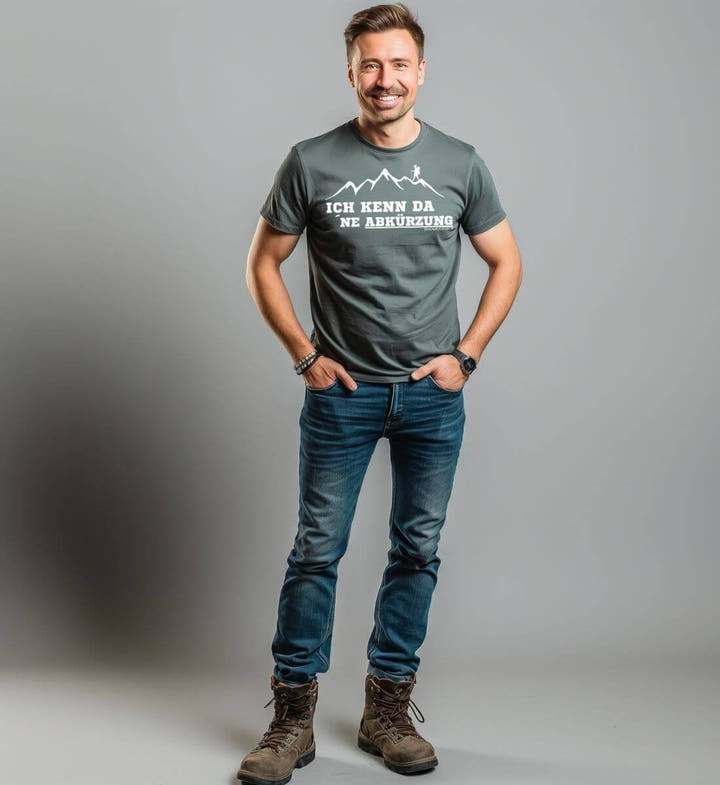 T-Shirt Ich Kenn Da Ne Abkürzung eine Abkürzung – Modelbild (100% Bio-Baumwolle) von Rad&Rucksack