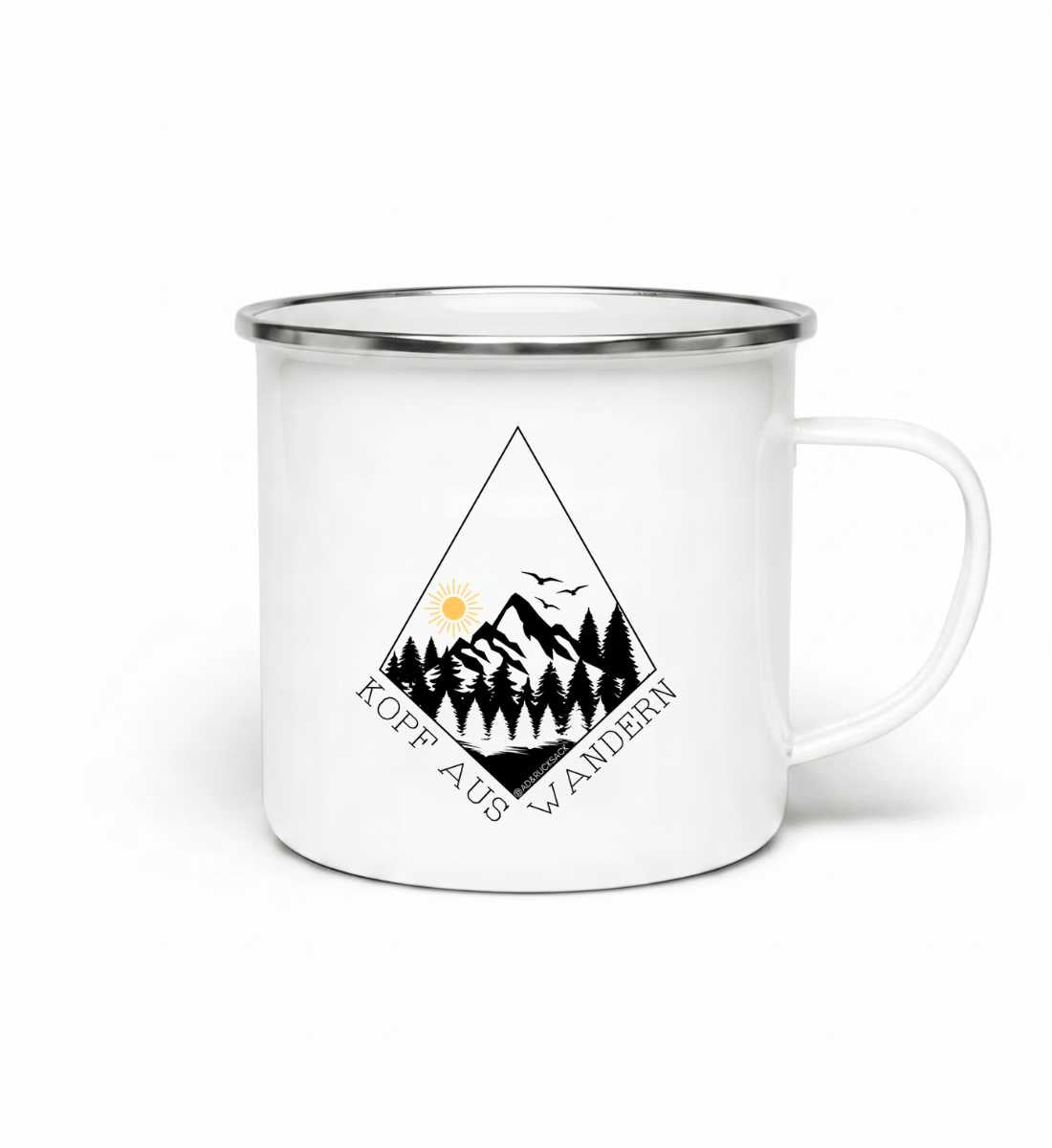 Kopf aus | Emaille Tasse von Rad&Rucksack - am Model präsentiert