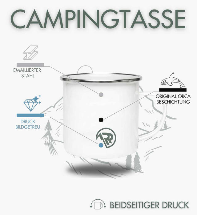 Campingtasse Kopf aus – Lifestyle-Aufnahme (bruchsichere Emaille, 300 ml) von Rad&Rucksack