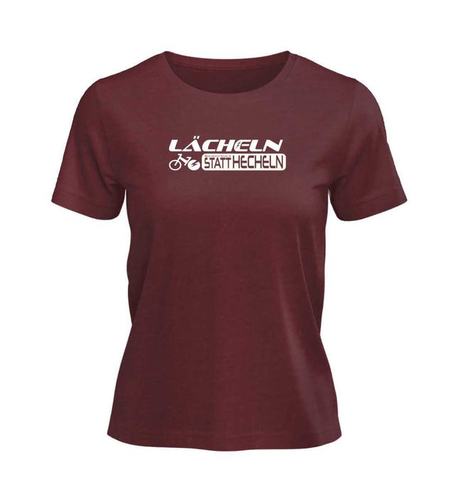 Lächeln Statt Hecheln T-Shirt Damen Weinrot (Burgundy) – Produktbild (100% Bio-Baumwolle) von Rad&Rucksack
