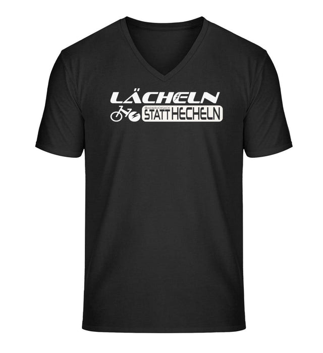 Outdoor V-Neck T-Shirt Lächeln Statt Hecheln in Schwarz – Produktbild (100% Bio-Baumwolle) von Rad&Rucksack