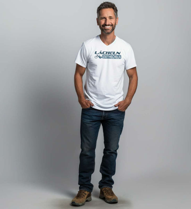 Lächeln statt hecheln | Herren V-Neck Premium Organic T-Shirt von Rad&Rucksack - am Model präsentiert