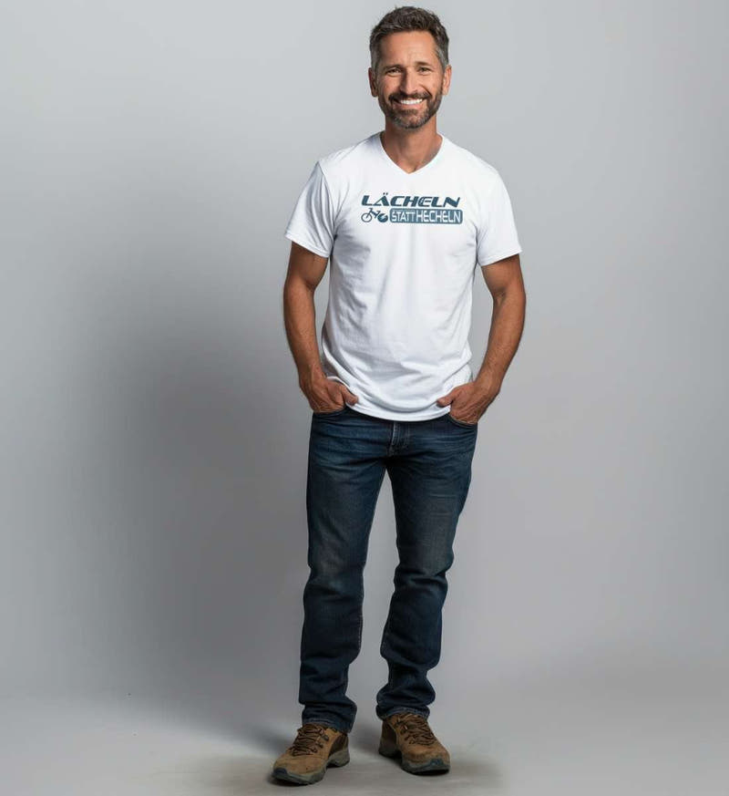 Lächeln statt hecheln | Herren V-Neck Premium Organic T-Shirt von Rad&Rucksack - am Model präsentiert
