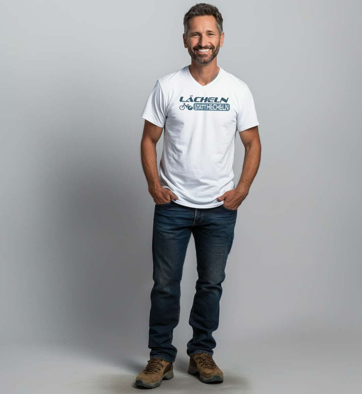 Lächeln Statt Hecheln Bio V-Neck T-Shirt – Modelbild (100% Bio-Baumwolle) von Rad&Rucksack