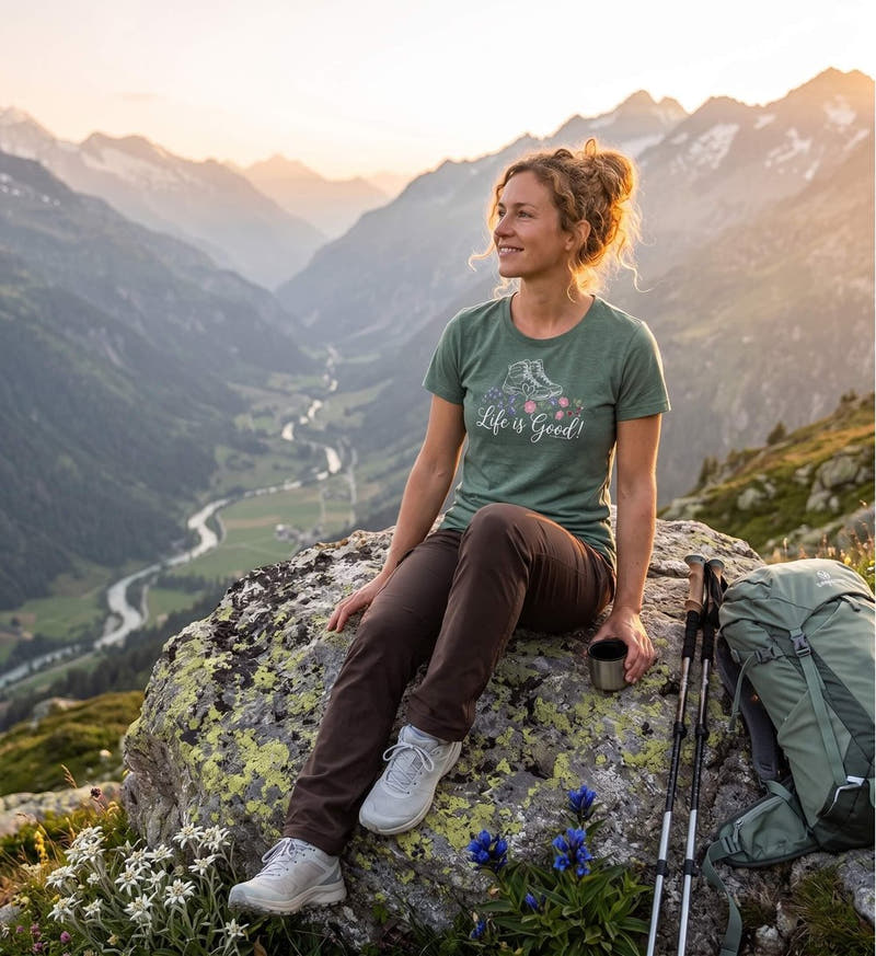 Life is Good | Damen Premium Organic T-Shirt (Fitted) von Rad&Rucksack - am Model präsentiert