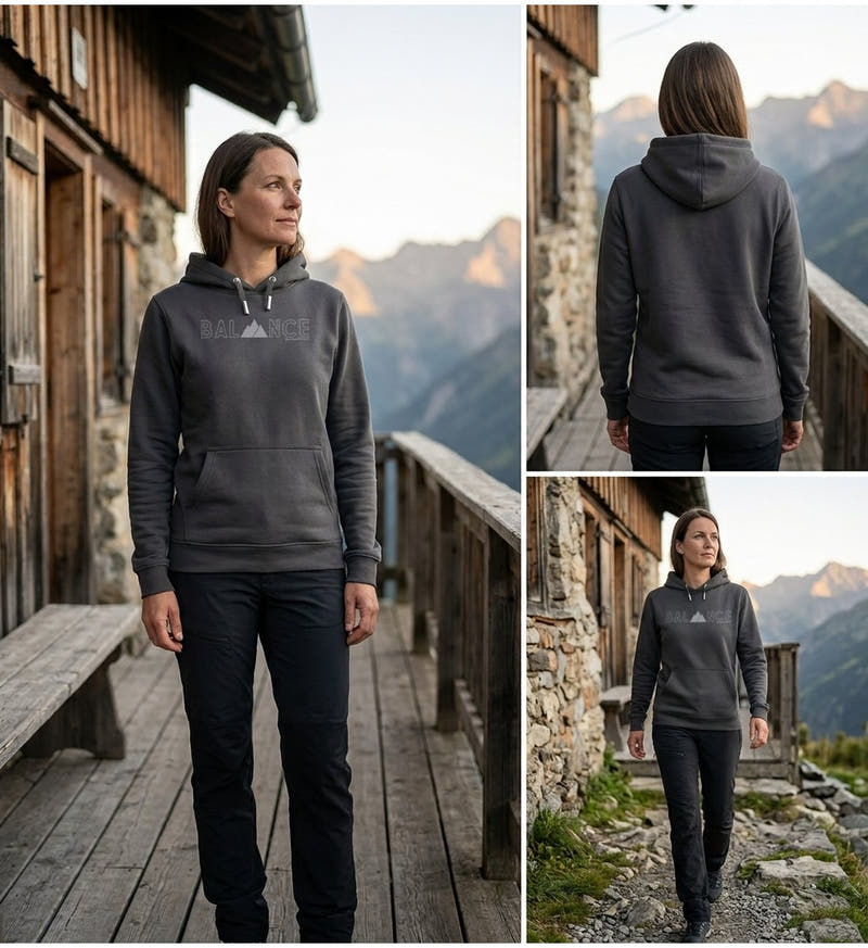 Modelbild India Ink Grey - Balance Grau | Unisex Organic Hoodie von Rad&Rucksack