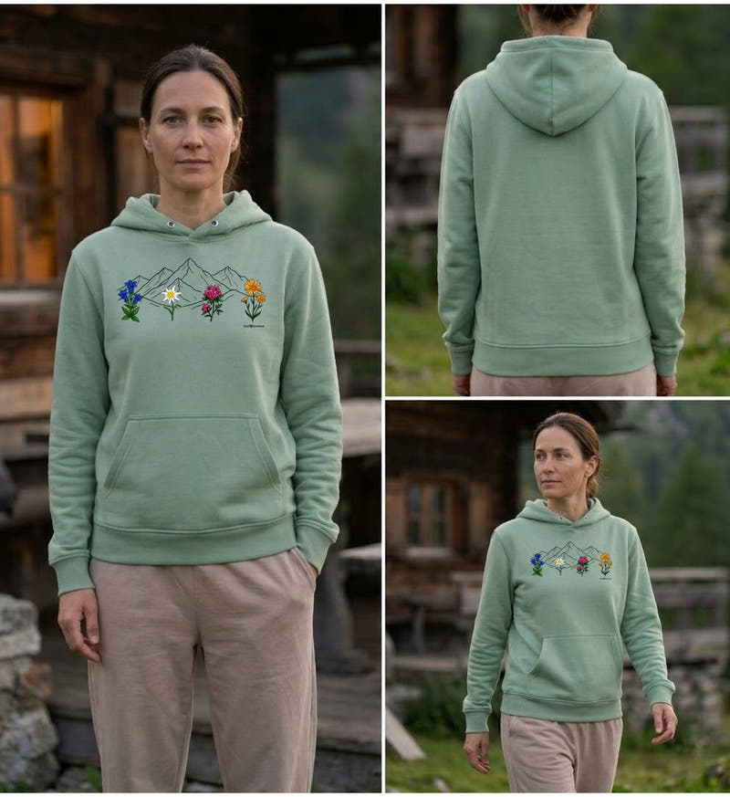 Modelbild Aloe - Berge Blumen | Unisex Organic Hoodie von Rad&Rucksack