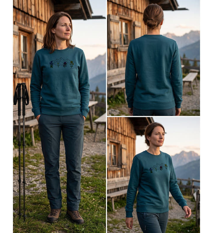 Berge Blumen Bio Pullover in Blaugrün (Stargazer) – Modelbild (350 g/m² Bio-Baumwolle) von Rad&Rucksack