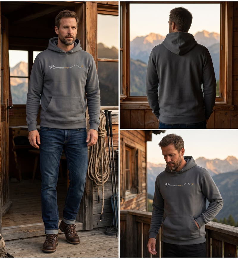 Modelbild India Ink Grey - Bike Espresso Boost | Unisex Organic Hoodie von Rad&Rucksack