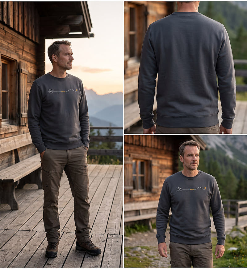 Modelbild India Ink Grey - Bike Espresso Boost | Unisex Organic Pullover von Rad&Rucksack