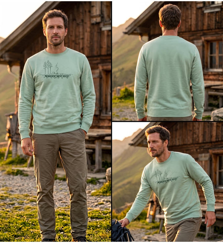 Menschen Nicht Heute Bio Pullover in Salbeigrün (Aloe) – Modelbild (350 g/m² Bio-Baumwolle) von Rad&Rucksack