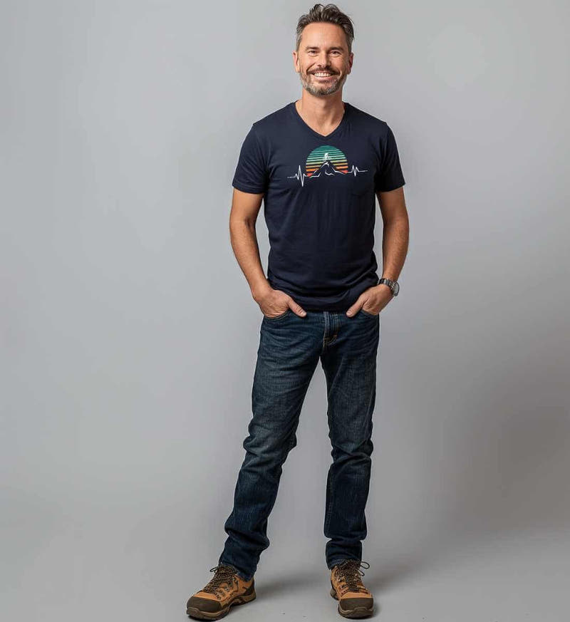 Mountainbike Herzschlag | Herren V-Neck Premium Organic T-Shirt von Rad&Rucksack - am Model präsentiert