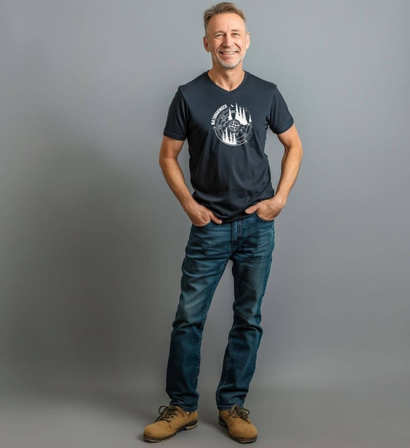 Naturmensch | Herren V-Neck Premium Organic T-Shirt von Rad&Rucksack - am Model präsentiert